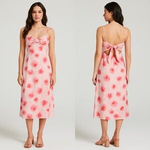 Freesia Pink Floral Midi Dress Size M NWT Spaghetti Strap Bow Back Cutout